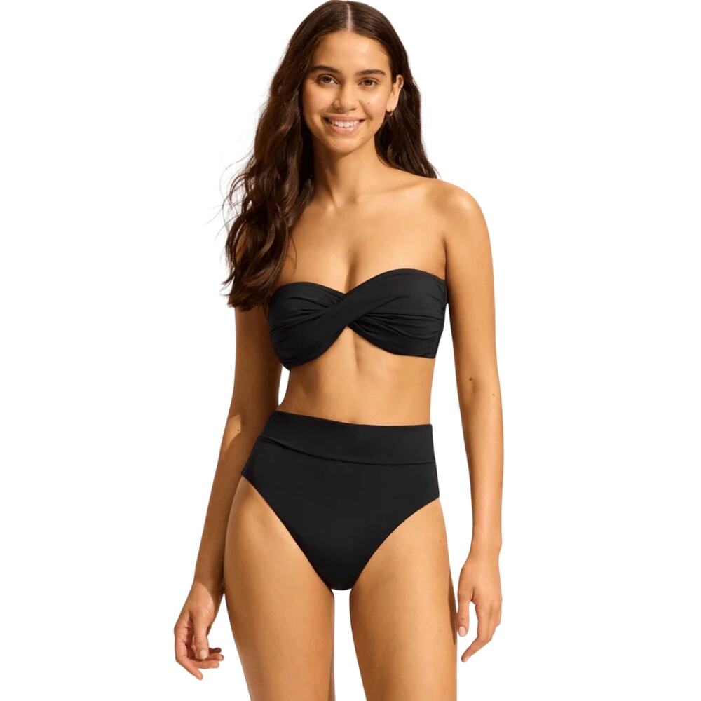 NWT Seafolly Roll Top High Waisted Bikini Bottom Black Wet Look Faux Leather 8 - Picture 7 of 16